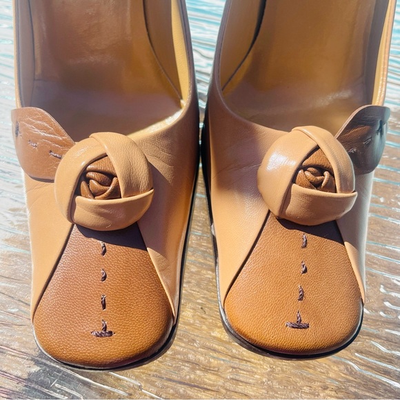 SOLD Prada Beige Brown Colorblock Leather Rosebud Embellished Square Toe Pumps - Picture 7 of 15